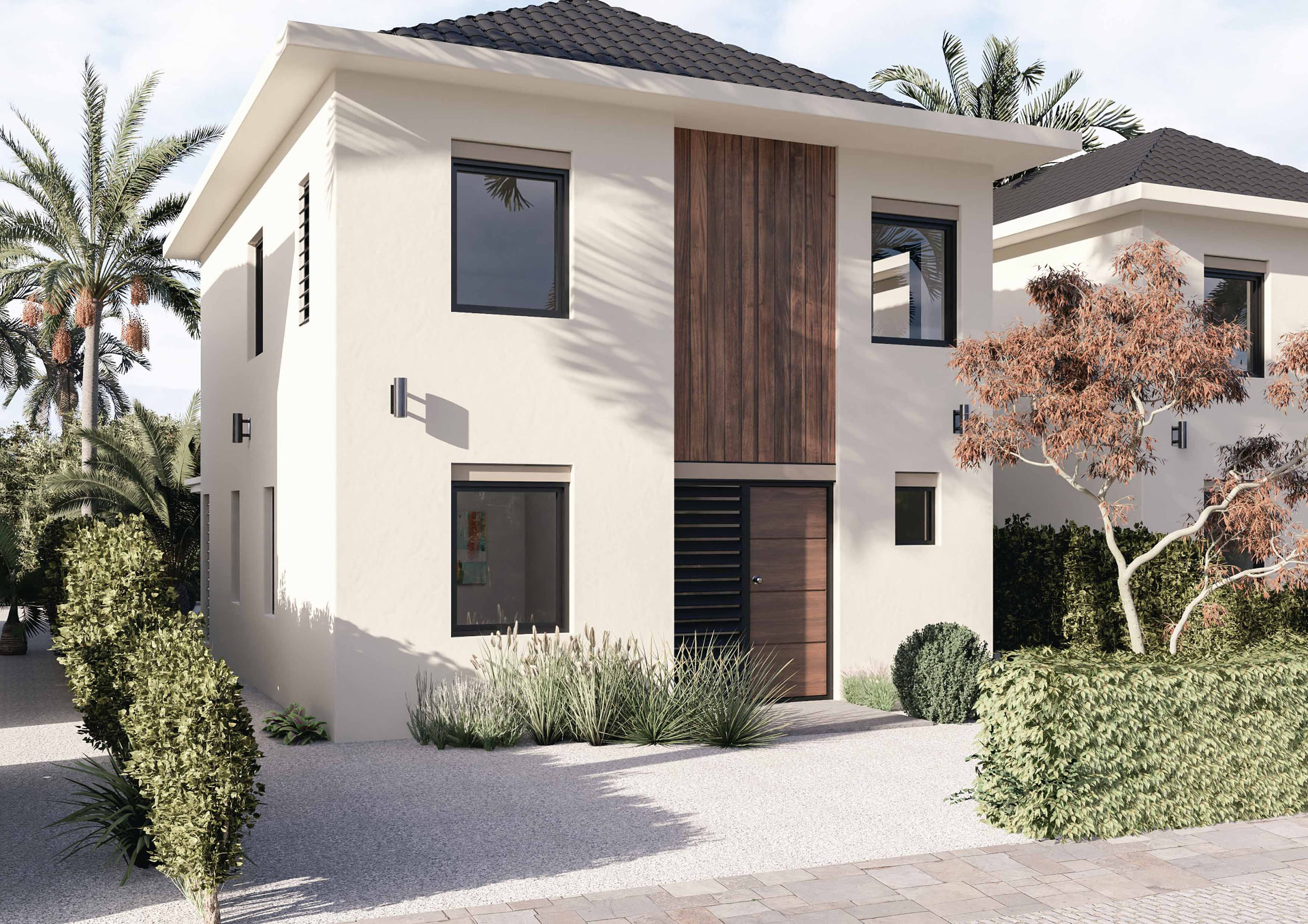 Voorzijde met houten entree van een JULIANS villa