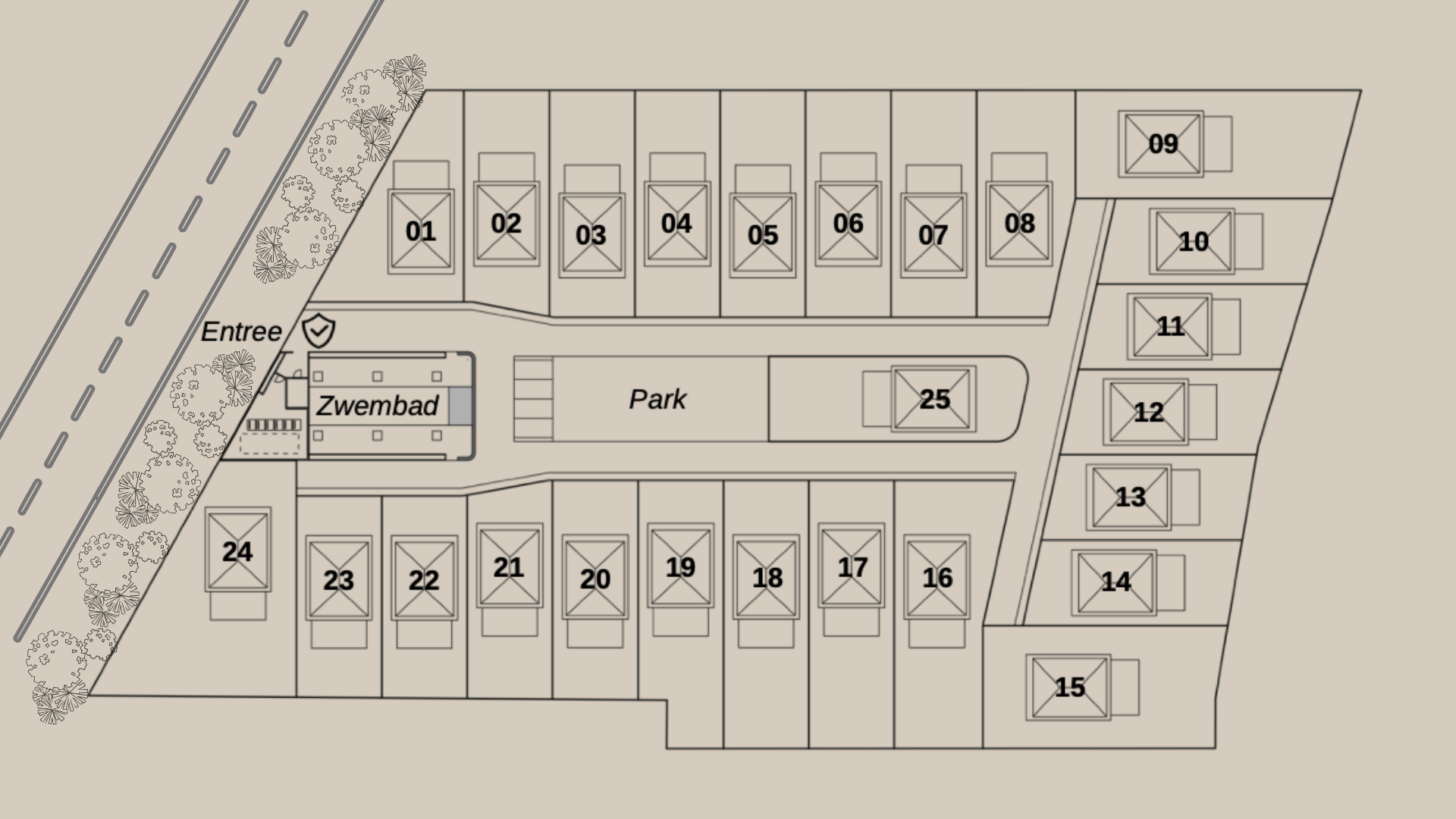 Situatietekening van het JULIANS resort met 25 genummerde kavels