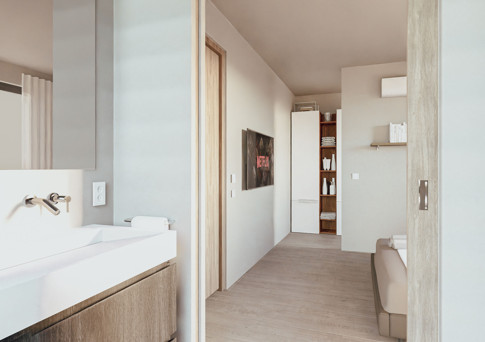 Badkamer met wandkraan en vanity in een JULIANS villa